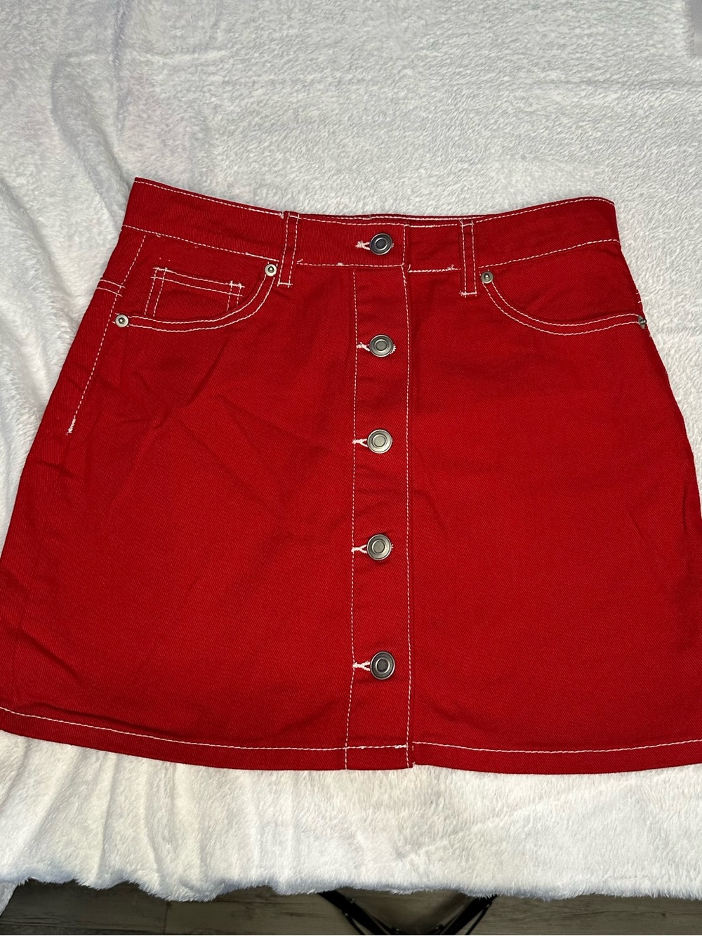 Forever 21 Red Button-Front Mini Skirt with Contrast Stitching